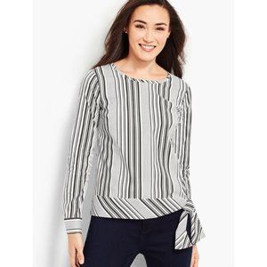 Talbots NWT Womens Poplin Side Tie Top Parlor Stripe Black and White Size Petite